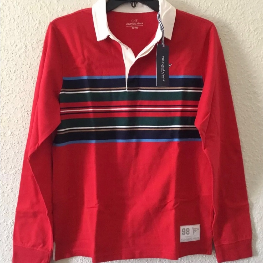 Vineyard Vines Boys Rugby Polo Long Sleeve Center Stripes Shirt Boys L Red